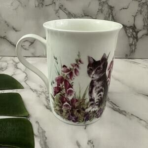 Crown Trent Bone China Cat Floral Coffee Mug White Purple Tabby Foxglove Cup